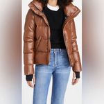 SAM. Isabel Vegan Down Puffer Jacket Faux Leather Stowaway Hood Saddle Brown S Photo 3