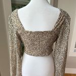 Japna  Tan Black Leopard Print Long Sleeve Sheer Square Neck Cropped Blouse Sz M Photo 3
