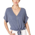 Max Studio  Embroidered V-Neck Flutter Sleeve Tie-Front Top in Blue Denim Size 2X Photo 0