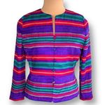 Vintage Adrianna Papell Jacket Collarless Blazer Silk Rainbow Stripe Long Sleeve Blue Size 8P Photo 0
