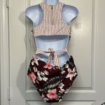 High Waisted Cutout Maroon White Racerback Zip Up Swimsuit Size Med NWT #2272 Red Photo 4