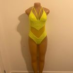 Women V Neck Mesh Sheer Bodysuit Swimwear Swimsuit Female High Leg Cut Leotard Yellow Photo 2
