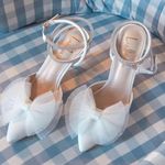 Lulus Lelanee White Satin Rhinestone Bow Ankle Strap Pumps Photo 0