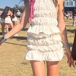 Beige Womens Y2K Boho Two Piece Skirt Set Pleated Ruffled Backless White Photo 5