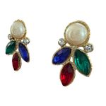 Vintage 80's Multicolor Rhinestone Pearl Costume Earrings Runway Glam Fashion Gold Photo 2