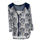 Lucky Brand Printed Woven Mix Top Button Front Navy Size Medium M EUC L1448 Photo 1