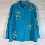 Laura Ashley XL Womens Embroidered Silk Linen Button Down Blue Blouse Sequins Photo 0
