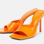 Amina Muaddi Laura 65 Patent Leather Heeled Mule Sandals Orange Size EU 38 US 8 Photo 12