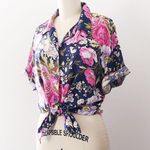 vintage • 80s floral button down blouse shirt short sleeve pink navy print Size M Photo 7