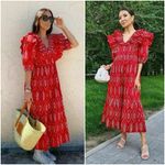 ZARA  Red Puff Sleeve Eyelet Embroidered Midi Ruffle Frill Dress Women’s Size‎ XS Photo 2
