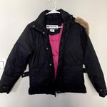 Columbia long sleeved puffer coat pockets winter style pink black removable hood Photo 0