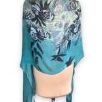 None Sarong Scarf Bright Turquoise Black Rose Floral Fringe Boho Gypsy Colorful Photo 1
