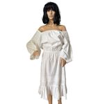 White cottagecore prairie midi on off shoulders dress big sleeves medium Photo 1