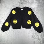 Luna Ivy Smiley Face Cardigan Womens XS Black Yellow Knit Sweater Emoji Cottage Photo 1