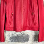 Bagatelle  Red Leather Moto Jacket Collarless Gold Zip Pockets Women Size‎ M Photo 2