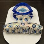 Piper  K Blue and White Evil Eye Pattern Hair Clip Set of 2 Brand New Photo 1