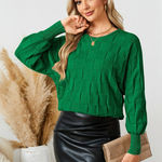 Green Textured Checkered Women's Sweater size Medium Oversized Batwing Sleeves Photo 0