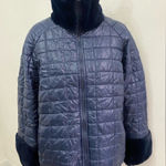 Women's Quilted Navy Puffer Jacket with faux fur winter Blue Size L Photo 0
