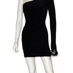 City Studios  Juniors' Asymmetric One-Sleeve Feather-Trim Ruched Bodycon Dress XS Photo 1