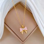 Pink Enamel Bow Pendant Necklace Gold Tone Chain Crystal Center NWT Photo 2