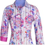 ROBERT GRAHAM Coral Blue Pink Green Paint Splattered Button Down Blouse Large Pink Photo 11