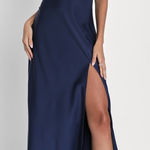 Lulus NWOT Epitome Of Romance Navy Blue Satin V-Neck Puff Sleeve Maxi Dress XXS Photo 0
