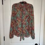 Kut From The Kloth Women's Peacock Print Semi-Sheer Tie Button Up Shirt Size L Photo 2