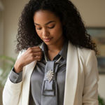 “Dainty Dapper” elegant dark gray textured necktie necklace with silver brooch White Photo 0