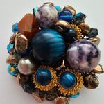 Large Blue Striped Brown Purple Faux Pearl Bead Gold Tone Metal Brooch Photo 3