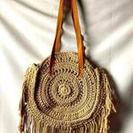 UNBRANDED MACRAMÉ PURSE DOUBLE STRAP VEGAN LEATHER STRAPS FRINGE CLEAN Tan Photo 0