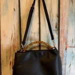 Le Miel NWT  Black Vegan Black Zipper Purse with Faux Bamboo Handle Photo 3