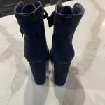 Hot Kiss Dark Blue Velvet Ankle Booties with Ribbon & Gold Zipper Women's 7.5 Photo 3