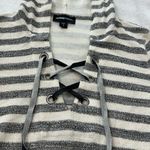 Fifteen Twenty  Gray and White Striped Lace Up Hoodie Sweater Photo 3