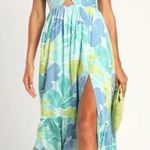 Lulus  Exotic Days Tropical Print Cutout Halter Midi Dress Vacations Resortwear M Photo 0