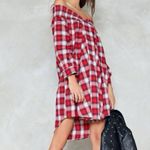 Nasty Gal Red Plaid Flannel Off-Shoulder Oversized Shirt Dress Size Small S Photo 1