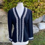 St. John Collection Black with White Embroidered Trim Zip Cardigan Size 8 Photo 3