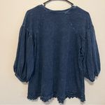 Altar'd State Altar’d State baloon sleeve crochet Hem Top, acid wash denim blue, size S Photo 4