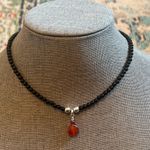 Handmade Handcrafted Elegant Black Onyx Beaded Necklace with Red Carnelian Pendant Photo 4
