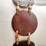 Vintage Unmarked Leather Double Strap Wooden Carved Medallion Disc Waist Belt OS Brown Photo 1
