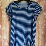 Loft  Blue Tiered Ruffle Sleeve White Striped Crew Neck T Shirt Photo 1