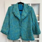 Laura Ashley Elegant Teal Turquoise Fringe Frayed Tweed Blazer Jacket Size M Photo 0