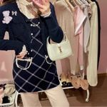 Japanese Kawaii Gyaru Cottagecore Farmhouse Navy Blue Plaid Wool Lace Mini Dress Size XS Photo 2