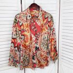 JODIFL  Boho Printed Satin Button Up Blouse Shirt Orange Multi Large Photo 7