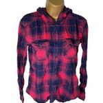 Aritzia TNA Hooded Plaid Boyfriend Fit Button Down Long Sleeve Red Navy XS Blue Photo 1