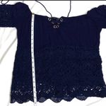 Navy Blue Lace Tassel Lace Up Off The Shoulder Top Small Photo 5