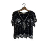 Vintage Silk Sequin Beaded Shirt Womens Medium Black Silver Party Evening 80s Photo 1