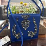 NWT Marina Rinaldi Womens Jeweled Evening Purse Navy Blue Satin Inner Pocket Bag Photo 0