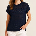 Women’s Navy Blue Open Knit Sheer Tunic Top XL Boho Coastal Beach Cottagecore Photo 0