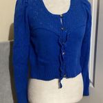 Knitted & Knotted Blue Crochet Knit Puff Sleeve Cropped Cardigan Sweater Womens Photo 0