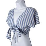 SheIn  Womens Blue White Striped Short‎ Sleeve Tie Front Nautical Coastal Top XS Photo 3